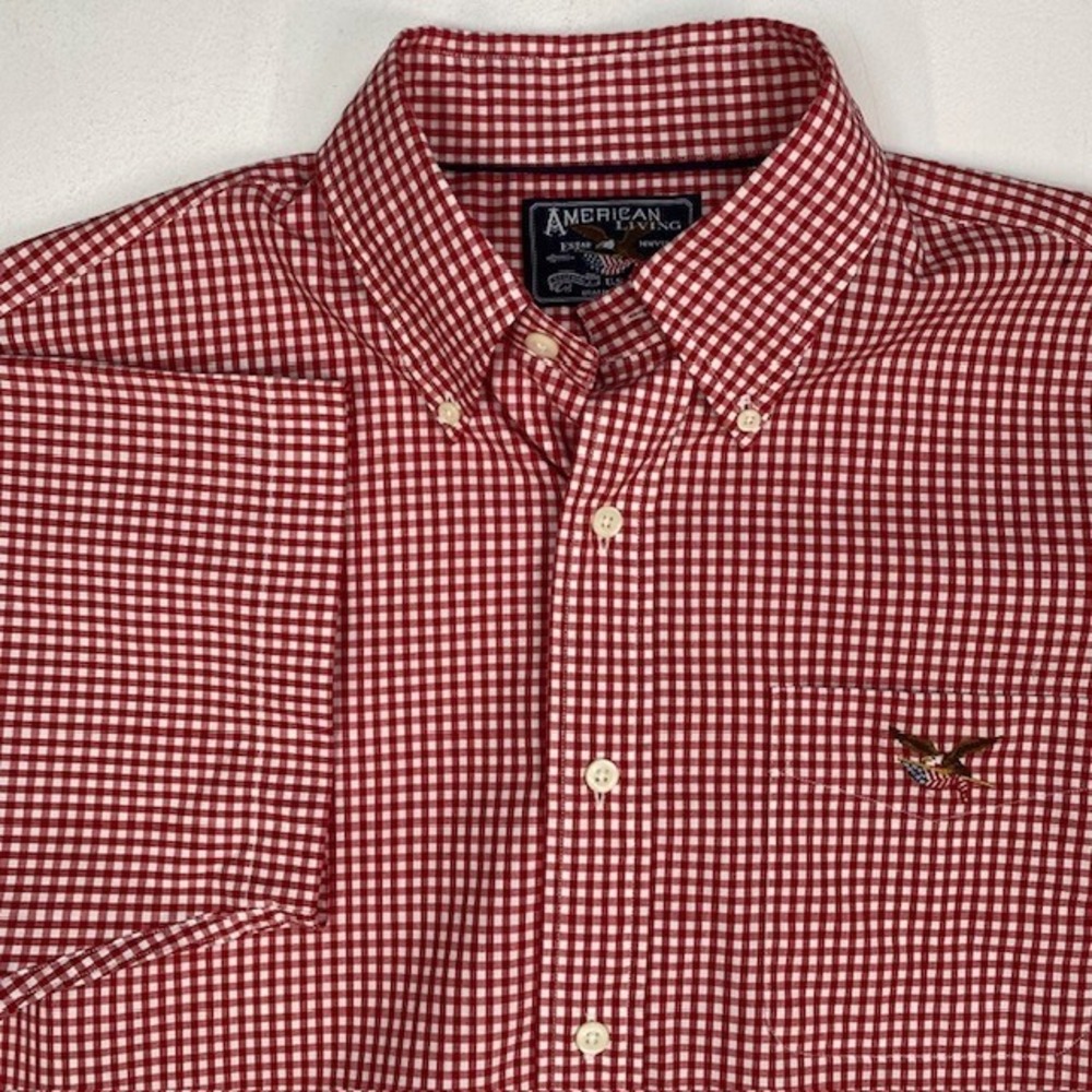 American Living Mens Red White Gingham Short Sleeve Button Down Shirt Size M NEW
